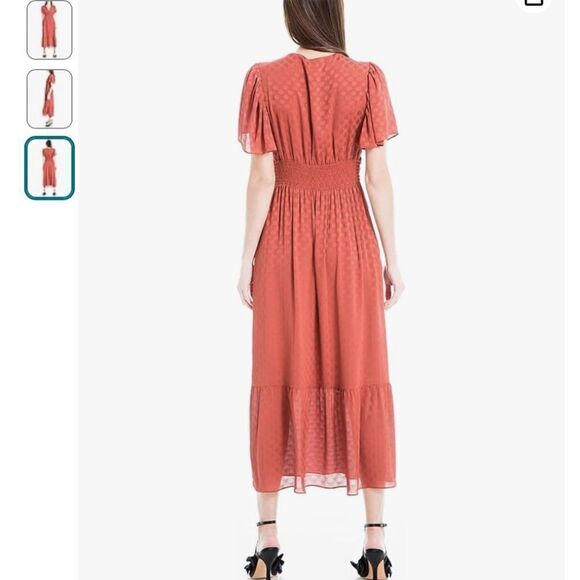 NWT Max Studio Women's Jacquard Shine Dot Cinched Waist Midi Dress Russet Small - Picture 2 of 16
